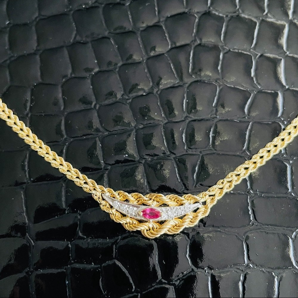 ESTATE 14K GOLD RUBY NECKLACE W/ DIAMONDS DOUBLE ROPE CHAIN - Picture 10 of 11